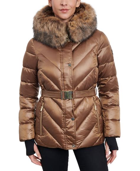 michael michael kors women's shine belted faux-fur-trim hooded puffer coat